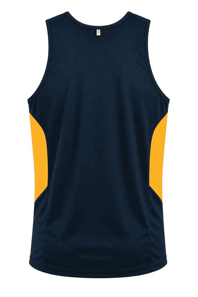 A navy singlet with yellow side panels, featuring a small logo on the upper back.