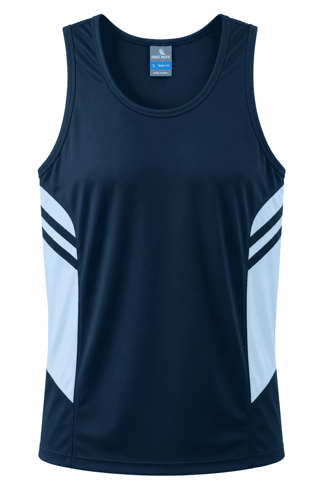 A navy blue singlet with light blue side panels and a logo on the upper section. Designed for men's wear.