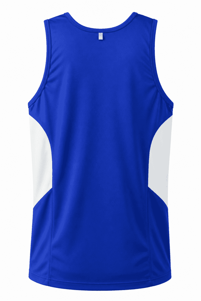 A blue men's singlet featuring white panels on the sides and a logo on the back.