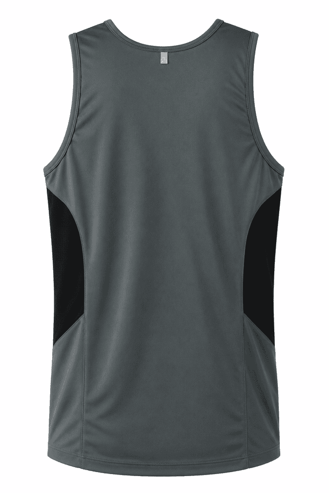 A grey men's singlet featuring black side panels and a logo on the back.
