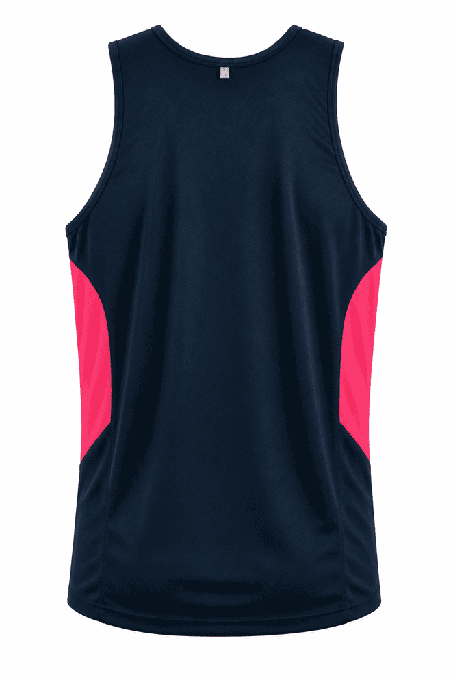 A navy singlet featuring pink side panels and a logo. Ideal for active wear.