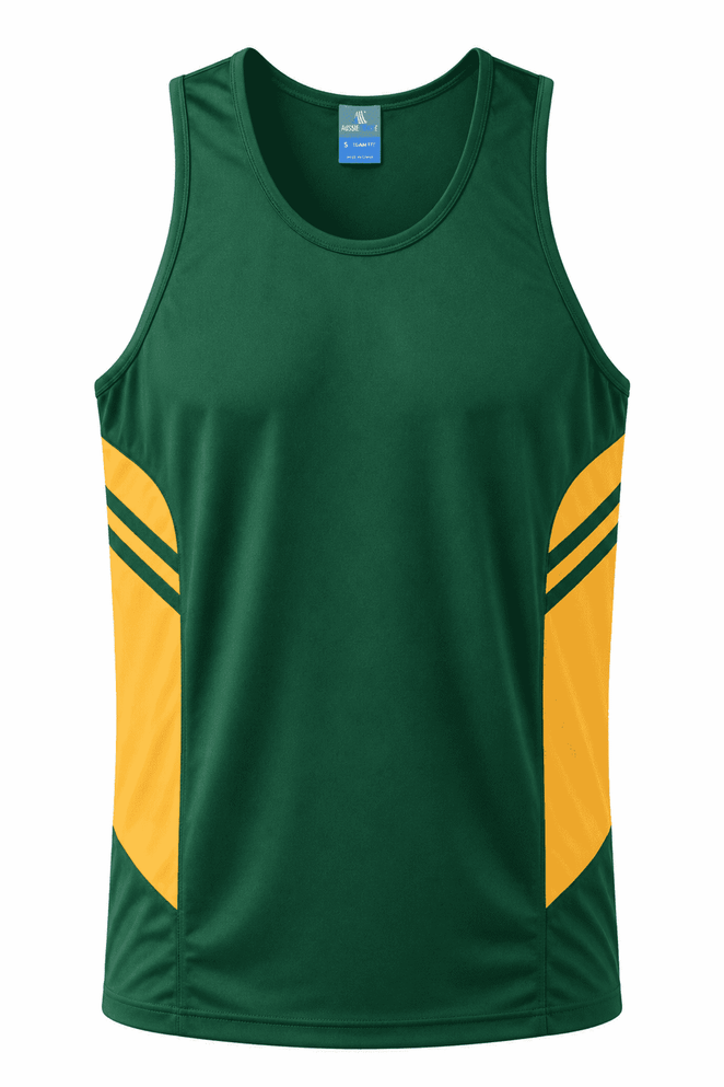 A green and yellow singlet featuring a logo, with striped detailing on the sides.
