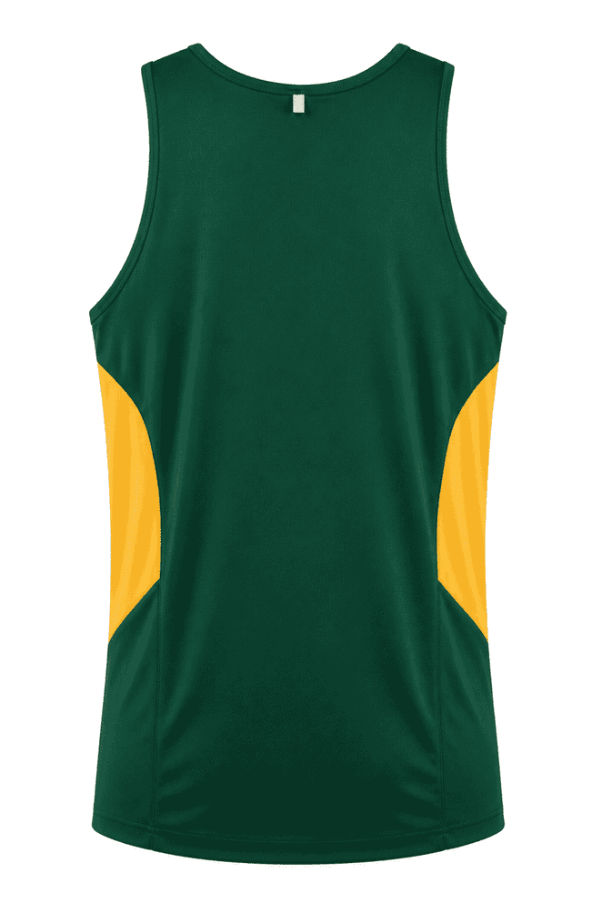 A men's singlet in dark green with yellow side panels, featuring a logo on the back.