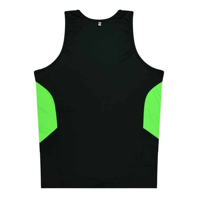 A black singlet with bright green side panels. The garment features a logo and has a plain back.
