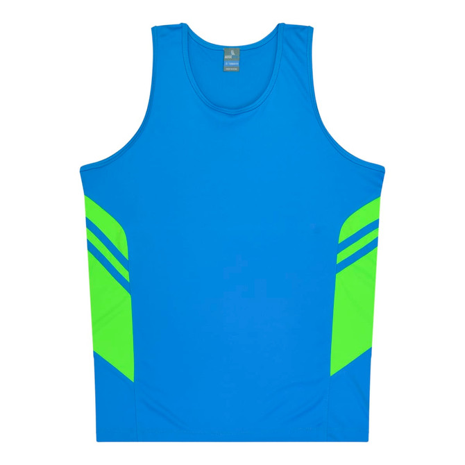 A blue singlet with bright green accents and branding details.