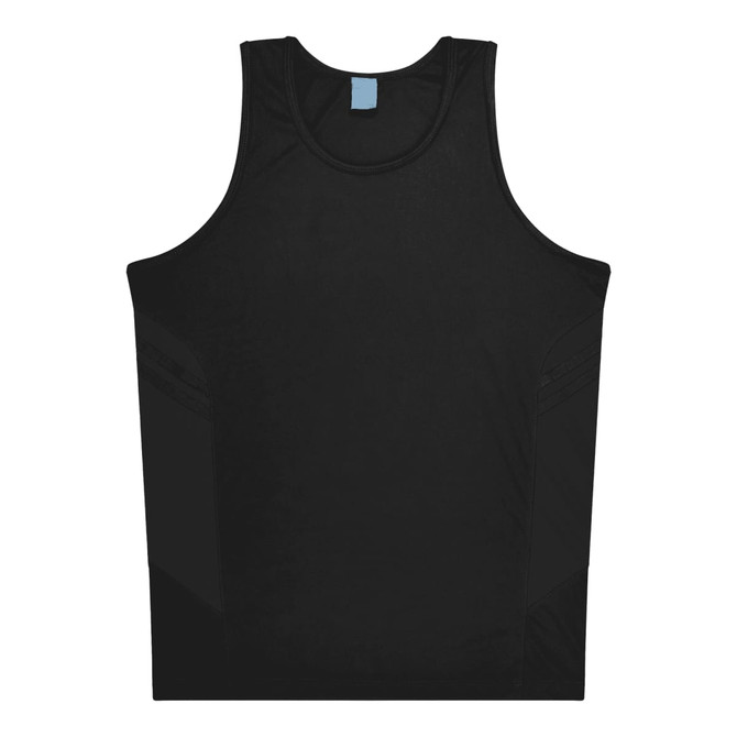 A black singlet featuring a simple design with mesh panels and a logo.