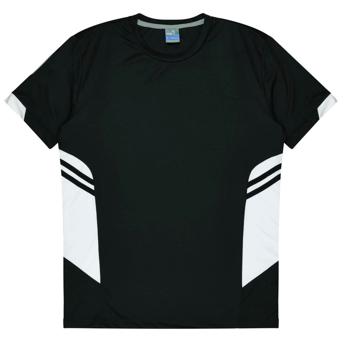 A black T-shirt with white accents and stripes, featuring a logo on the neckline. Ideal for casual wear.