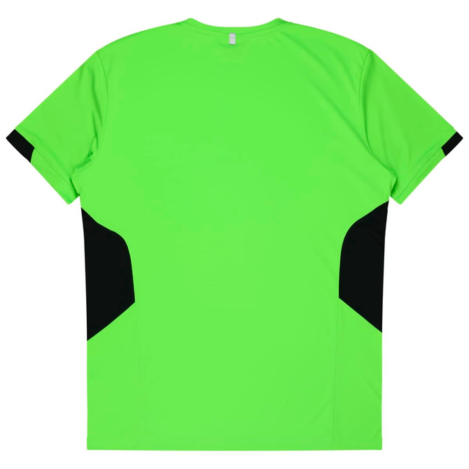 A bright green T-shirt featuring black accents on the sides and back, designed for kids. It has a logo.