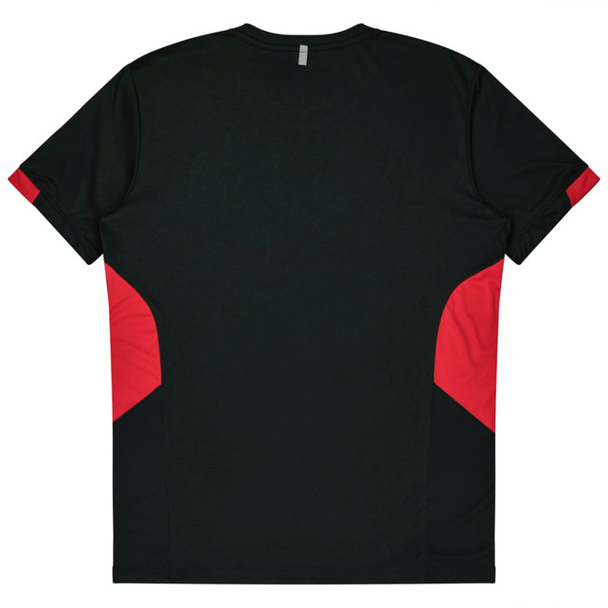 A black T-shirt with red side panels and a logo on the back.