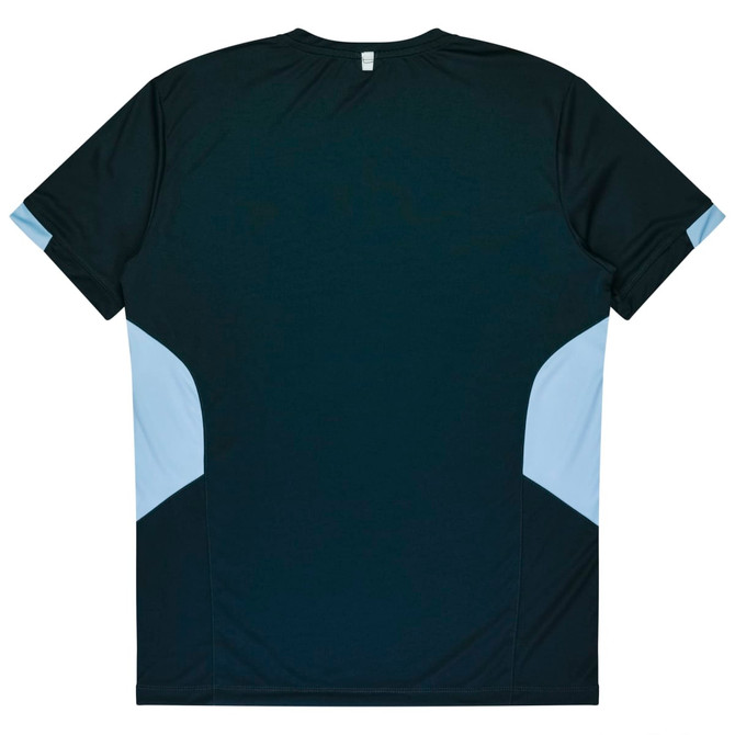 A dark green T-shirt with light blue accents on the sides and a logo displayed on the back.