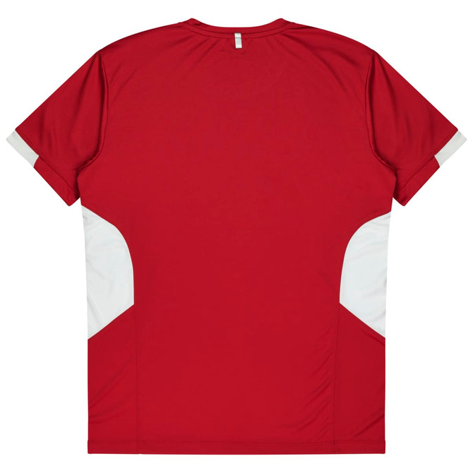A red T-shirt featuring white accents on the sides and a logo on the back.