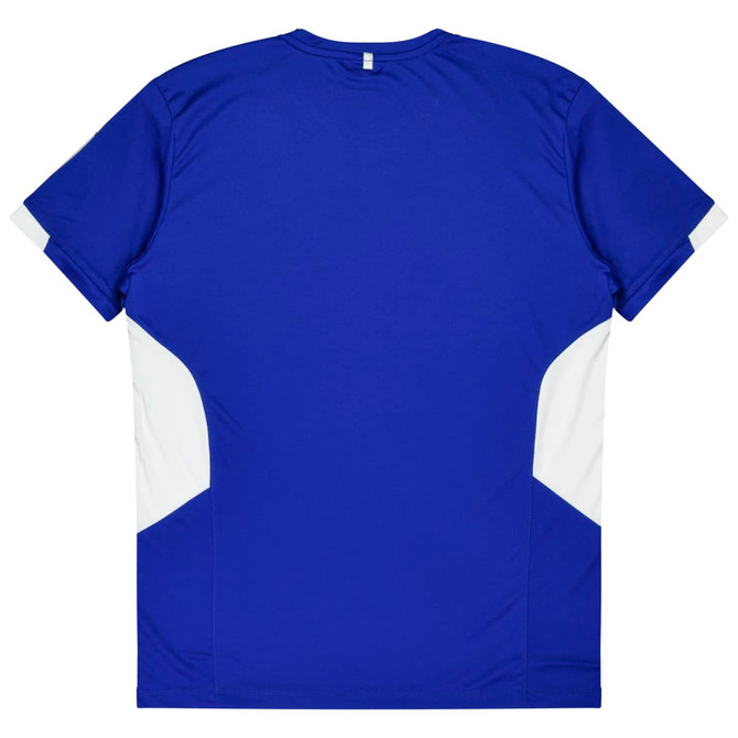 A blue t-shirt with white accents on the sides, featuring a logo on the back.