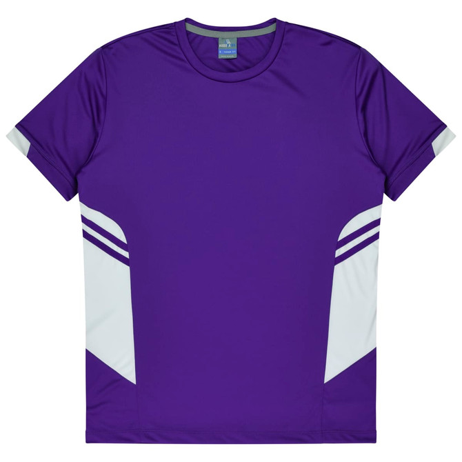 A purple T-shirt with white details on the sides, featuring a small logo. Suitable for kids.