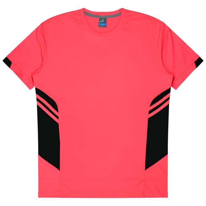 A bright pink T-shirt featuring black side accents and a simple design, with a logo on the neckline.