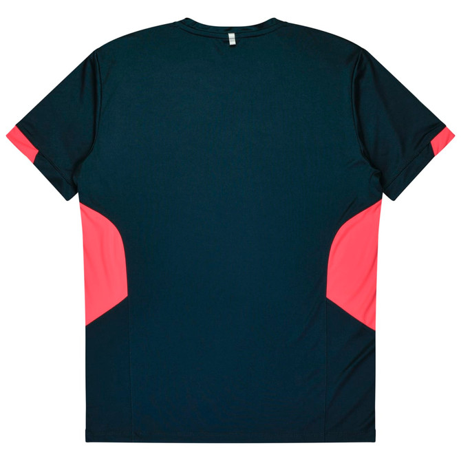 A T-shirt featuring a navy body with pink accents on the sides. The design includes a branding logo.