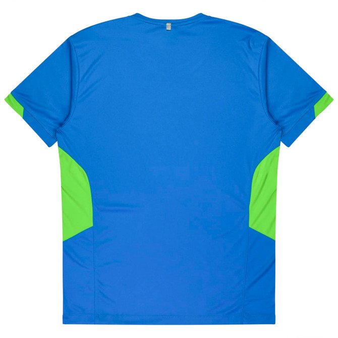 A blue T-shirt with green accents on the sides, featuring a logo. Suitable for kids' wear.
