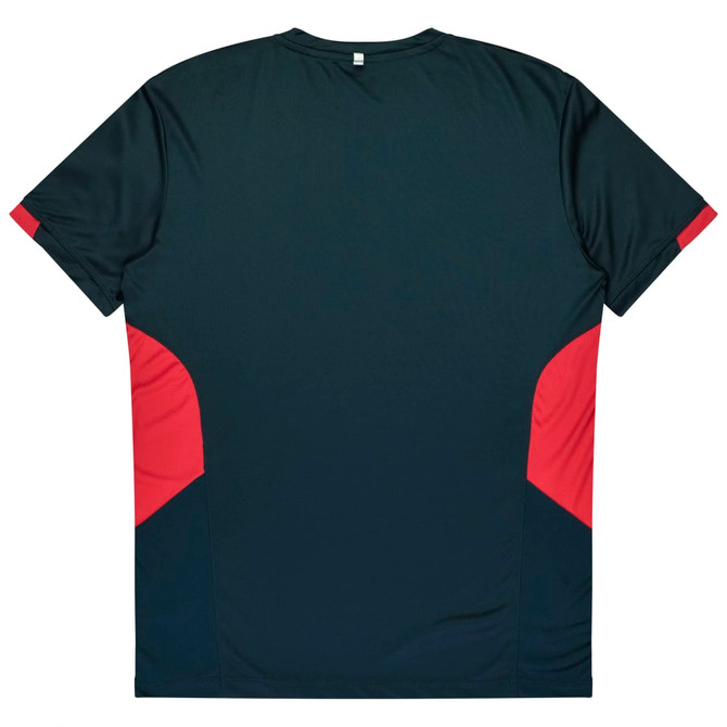 A dark green T-shirt featuring red accents on the sides and a label at the neck. It has a logo on it.