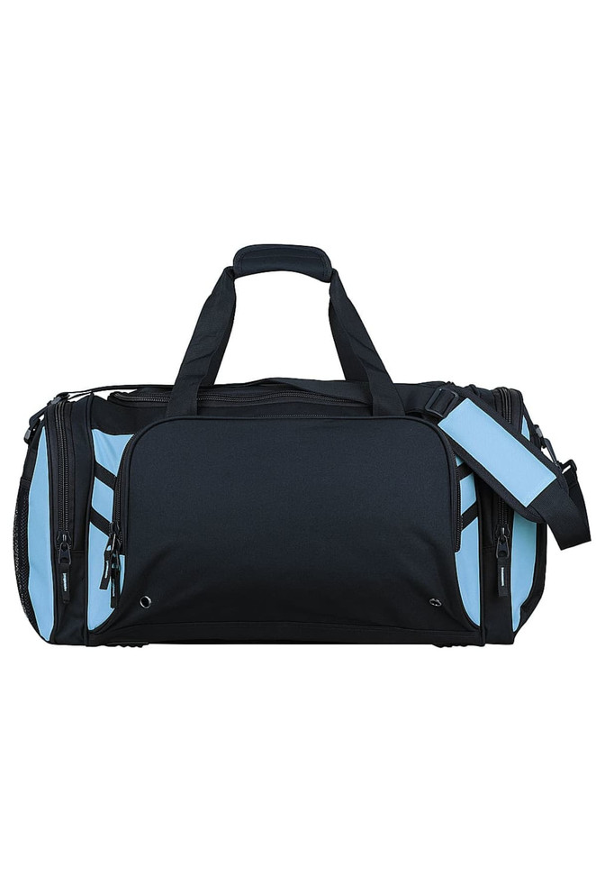 A black duffle bag with light blue accents and a shoulder strap, featuring multiple compartments and a logo.