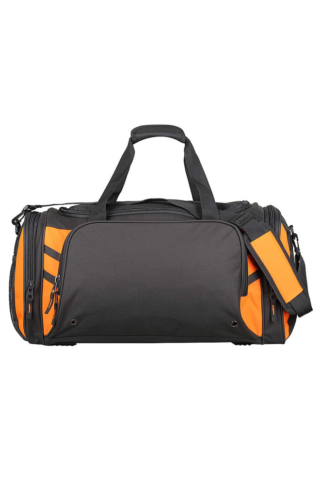 A black duffle bag with orange accents featuring side pockets and a detachable shoulder strap.