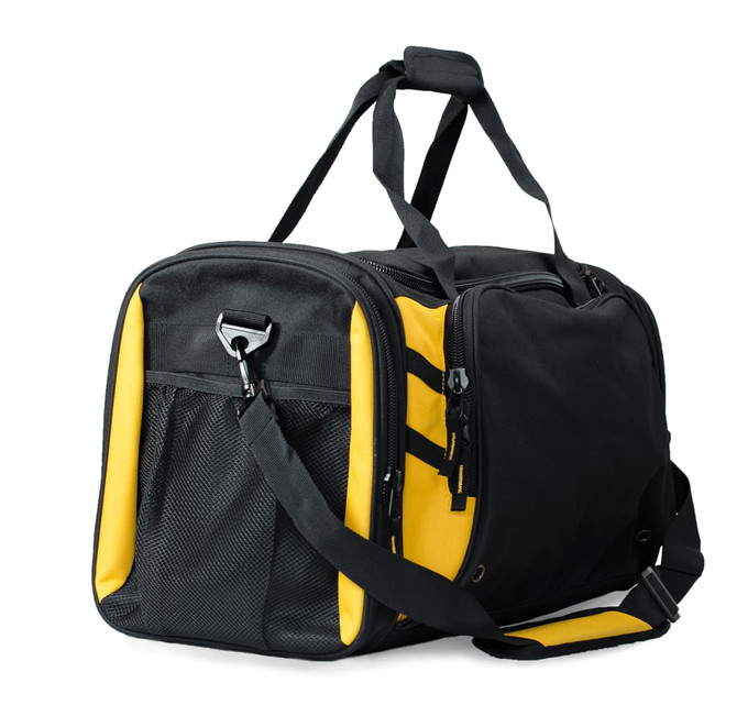A black and yellow duffle bag with a mesh pocket and adjustable shoulder strap, featuring a logo.