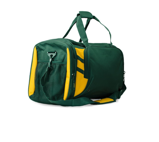 A green and yellow duffle bag with a mesh pocket and a logo, featuring a removable shoulder strap.