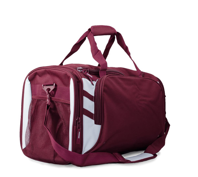 A maroon duffle bag with white detailing, featuring a side mesh pocket and detachable shoulder strap.