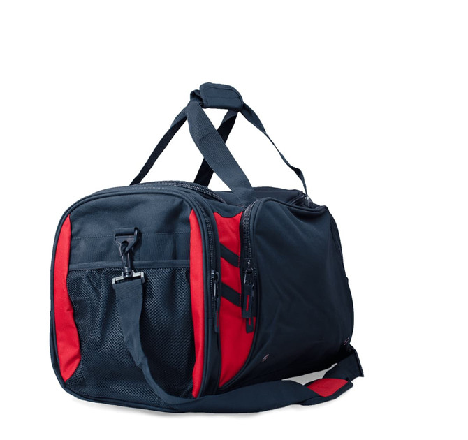 A duffle bag featuring a combination of navy and red colours, with mesh side panel and adjustable strap.