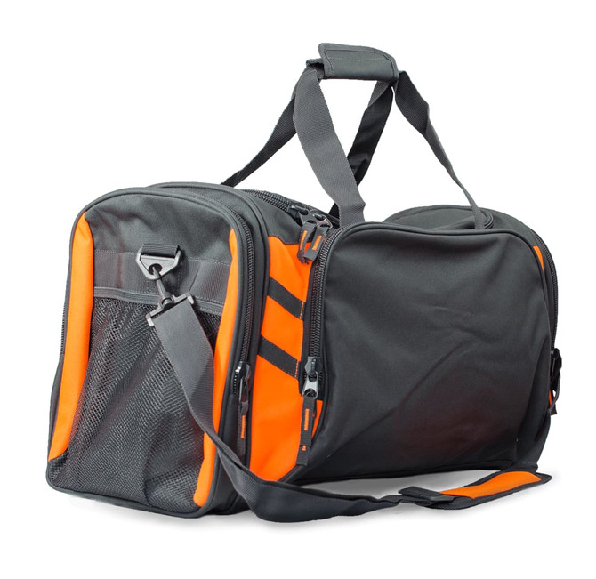 A duffle bag in grey with orange accents, featuring a mesh pocket and adjustable shoulder strap. It includes a logo.
