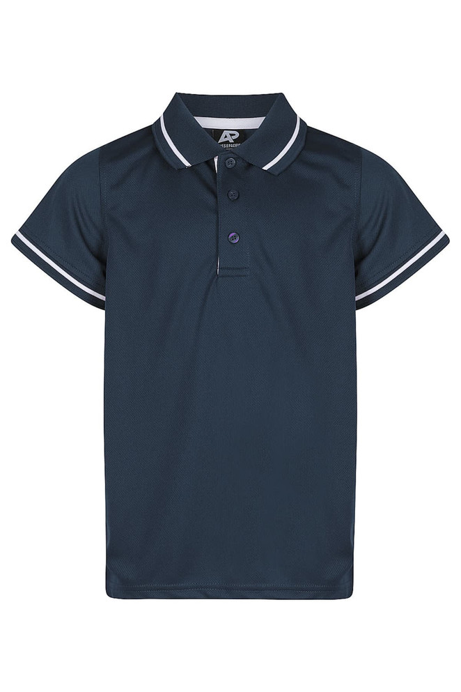 A navy blue polo shirt with contrasting white stripes on the collar and sleeves, featuring a button placket and a logo.