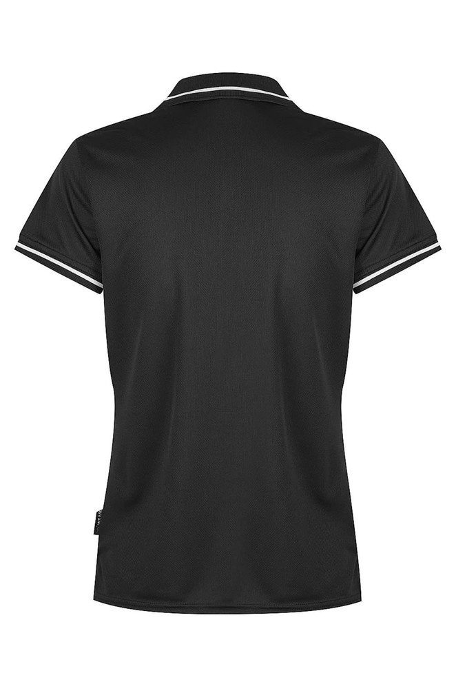 A black polo shirt featuring a classic design with contrasting trim and a logo. Suitable for casual or sport wear.