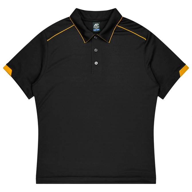 A black polo shirt featuring yellow accents and a collar, suitable for sports uniforms. It includes a logo.