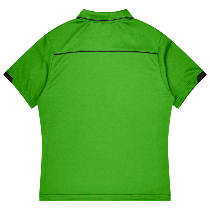 A green polo shirt with black detailing at the sleeves and back. Features a logo on the front.