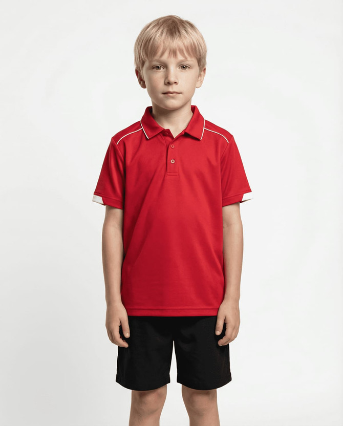 A red polo shirt for kids with contrasting stripes, displayed on a child wearing black shorts. It features a logo.