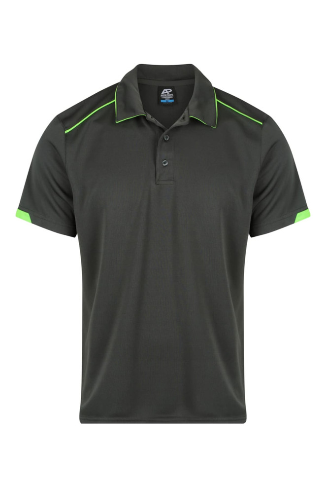 A dark green polo shirt featuring bright green accents and a logo on the chest.
