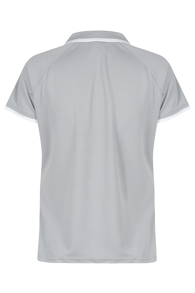 A grey polo shirt featuring a collar and short sleeves, with contrasting trim and a logo on the back.