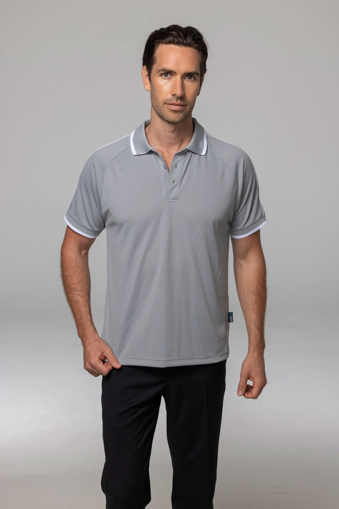 A grey men's polo shirt with contrasting white collar and sleeve trims, featured on a male model.