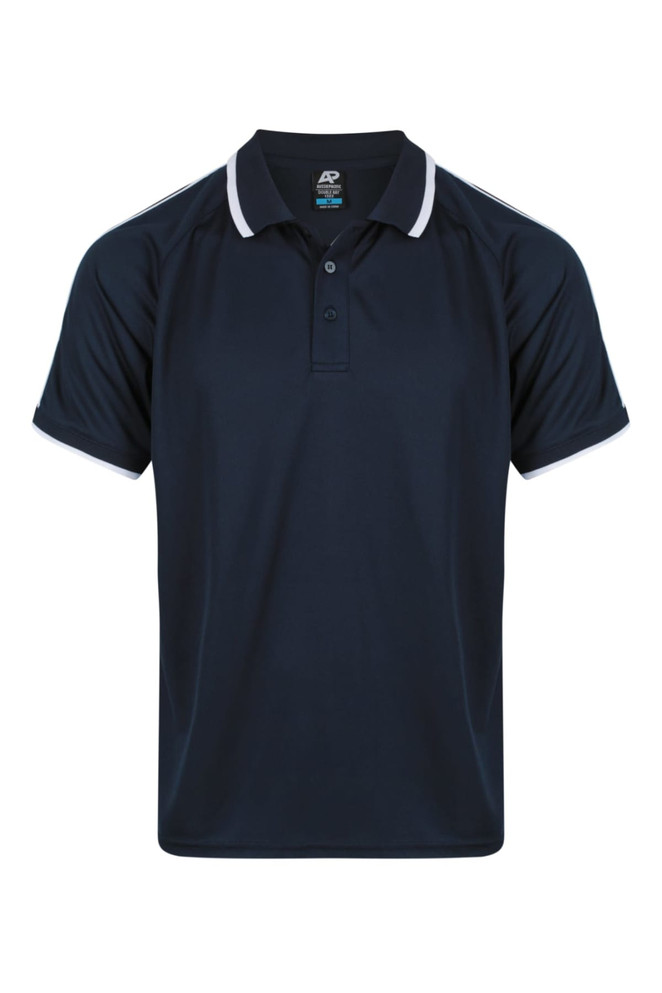 A navy blue men's polo shirt featuring a contrasting white collar and sleeve trim, with a logo on the upper section.