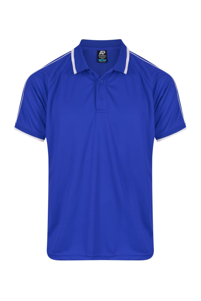 A blue polo shirt with white accents and a logo. Short-sleeved design.