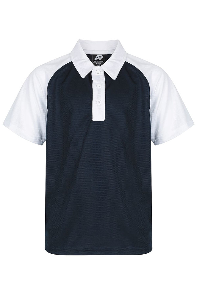 A navy and white polo shirt with a buttoned collar and a logo. Short sleeves and a sporty design.
