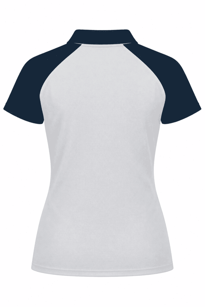 A polo shirt featuring a white body and navy blue sleeves, with a collar and a branded logo.