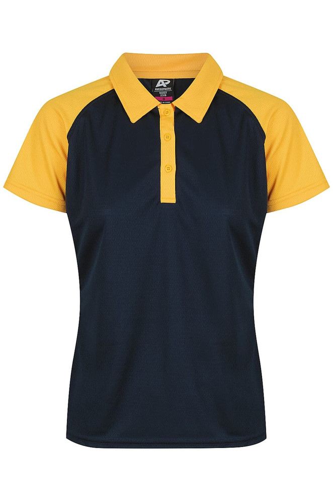 A navy and yellow polo shirt with a collared neckline and short sleeves. It features a logo.