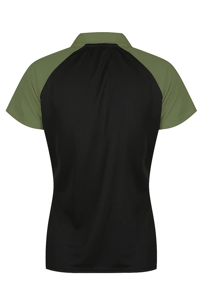 A black and green polo shirt with a short collar and raglan sleeves. It features a logo on the front.