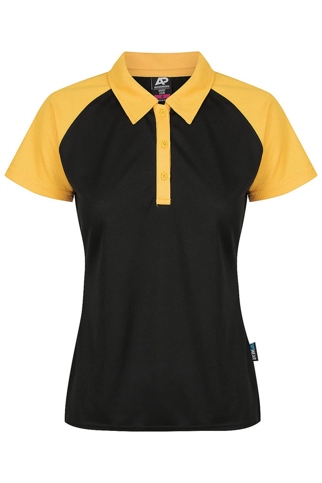 A black and yellow women's polo shirt featuring a collar and short sleeves, with a logo on the side.