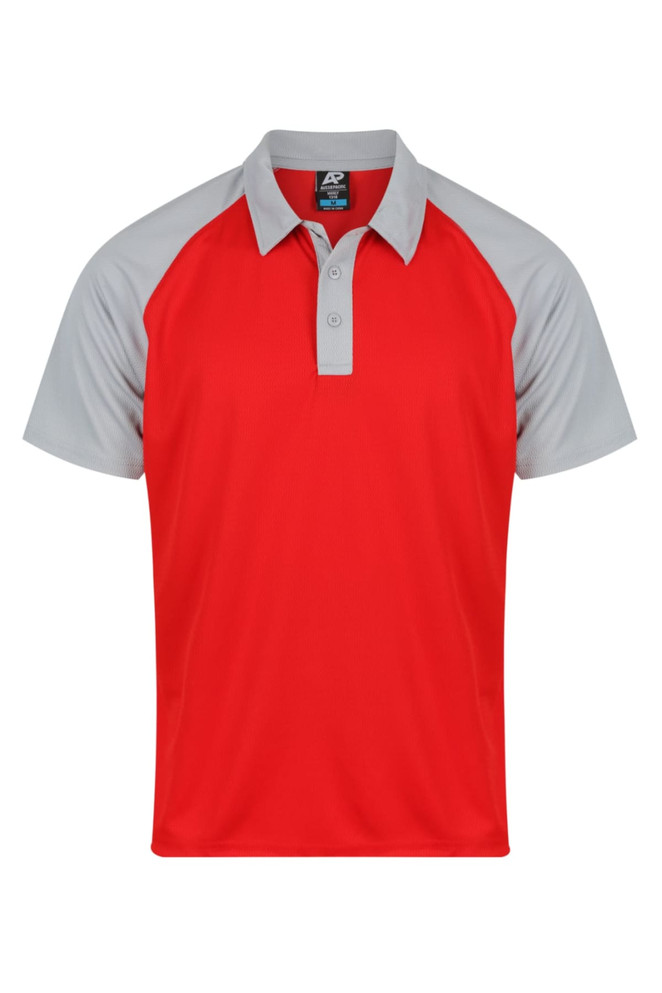 A red and grey polo shirt with a classic collar and short sleeves, featuring a logo on the chest.