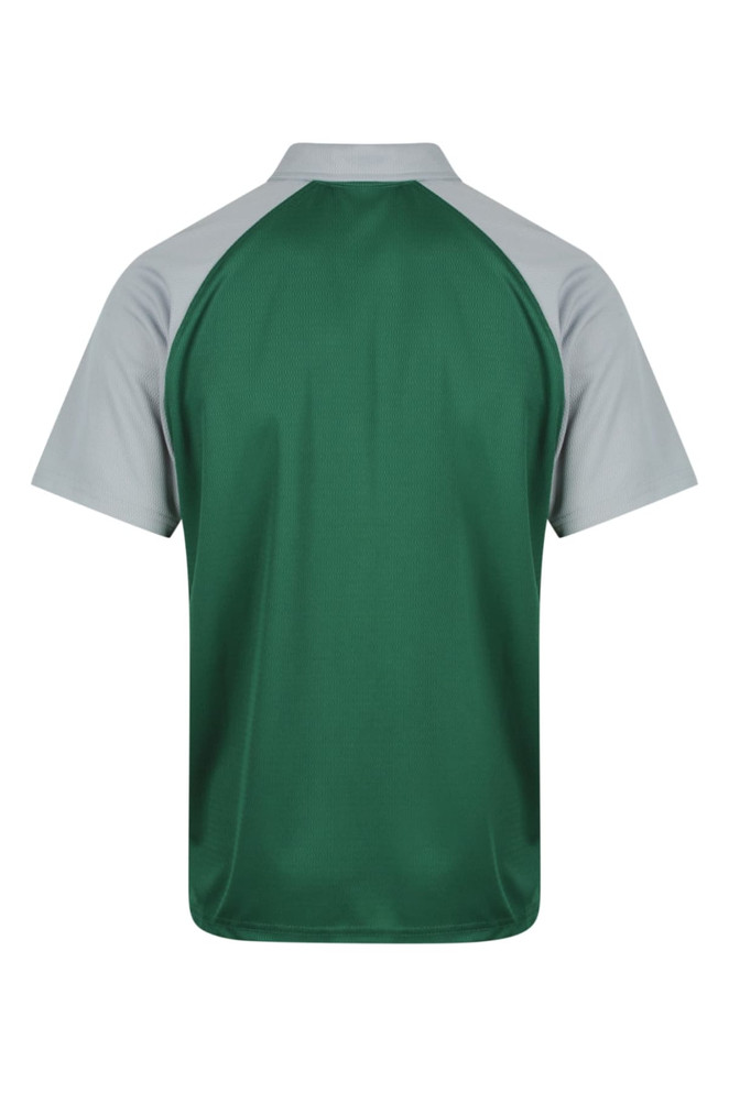 A green polo shirt with grey raglan sleeves, featuring a logo on the back.