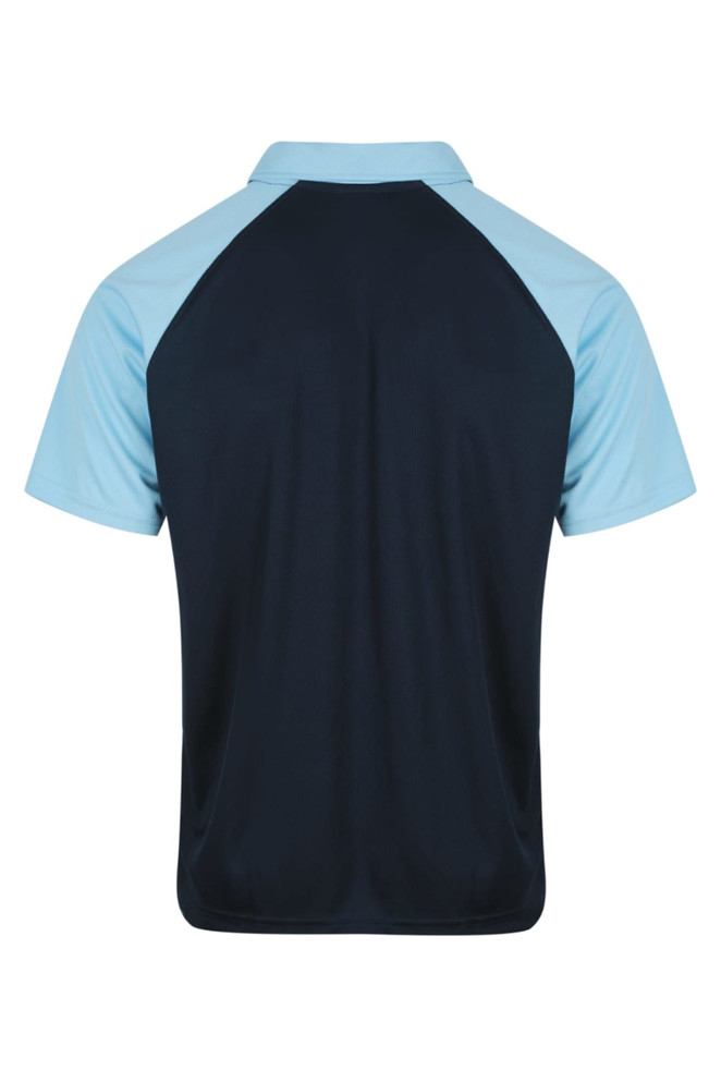 A navy and light blue polo shirt with short sleeves and a classic collar, featuring a logo on the front.