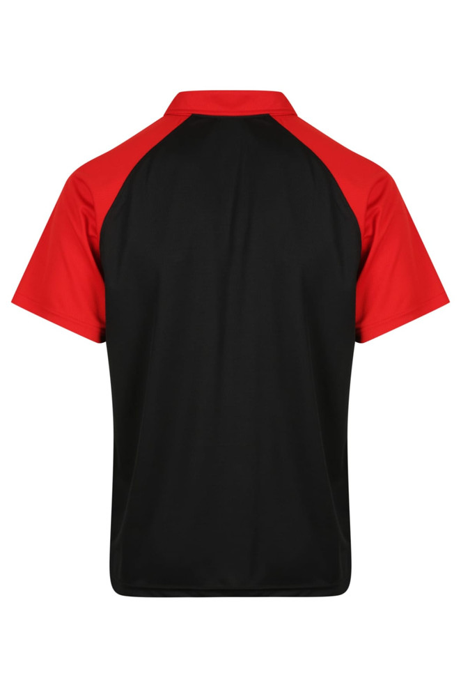 A polo shirt featuring a black body with red sleeves and a logo on the back.
