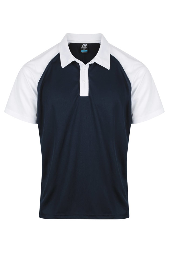 A navy and white polo shirt with a collar and logo, featuring a raglan sleeve design.