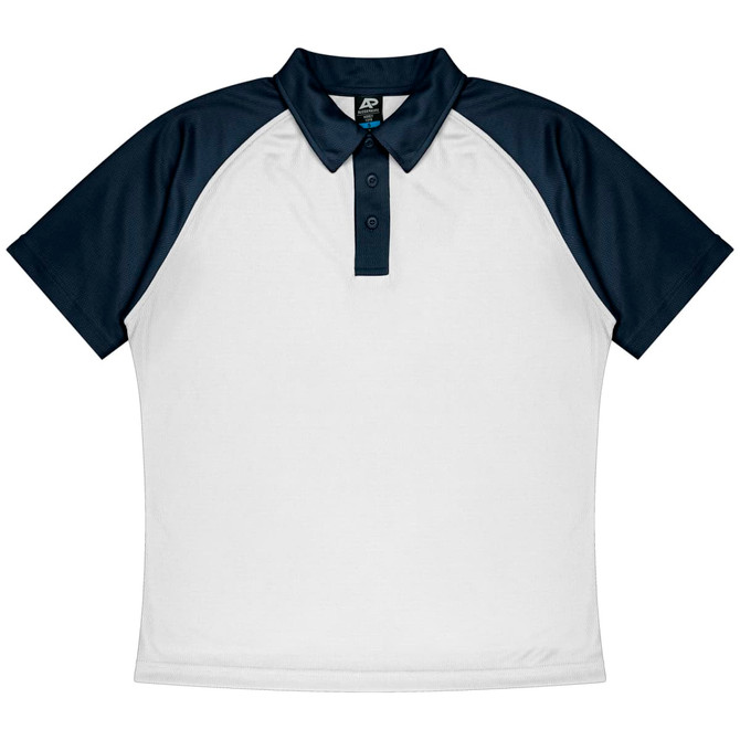 A navy and white polo shirt featuring a buttoned collar and short sleeves, with a logo on the chest.