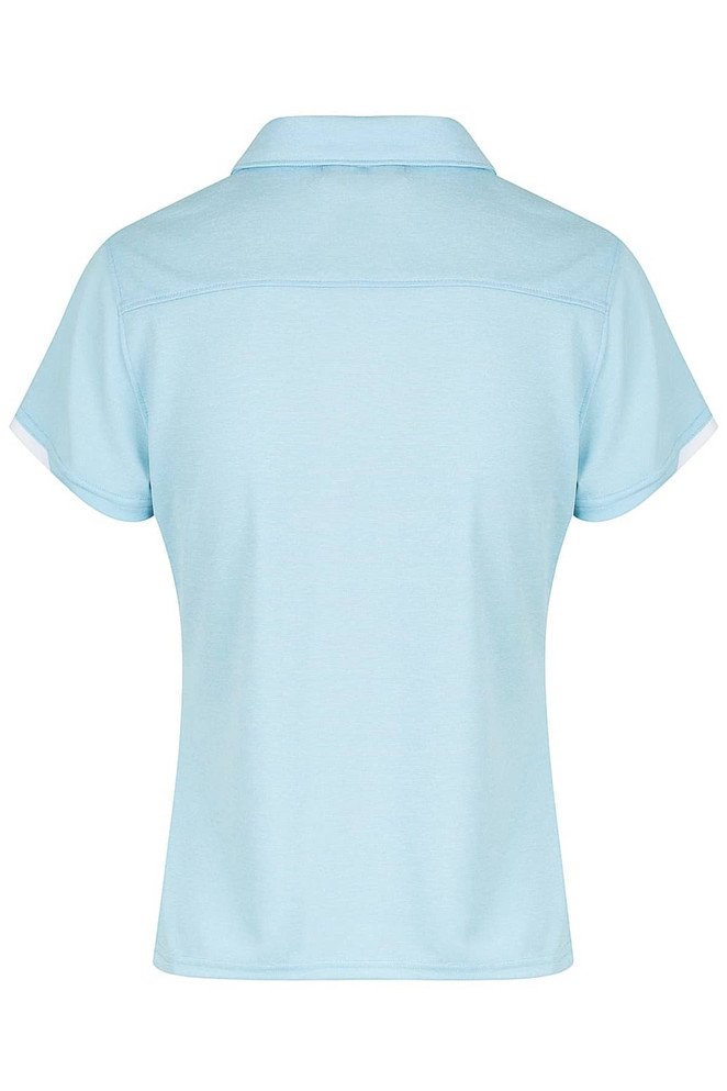 Light blue polo shirt with short sleeves and a collar, featuring a logo on the back.